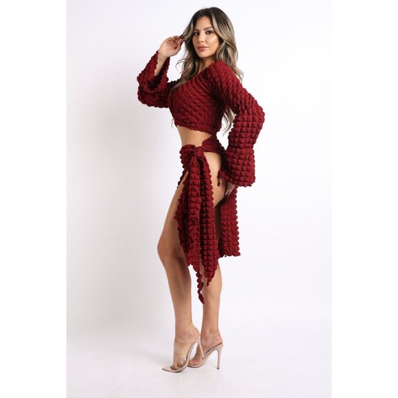 Women's Sexy Popcorn Long Sleeve Top And Matching Side Tie Mini Skirt 2 Pcs Set - Picture 13 of 14